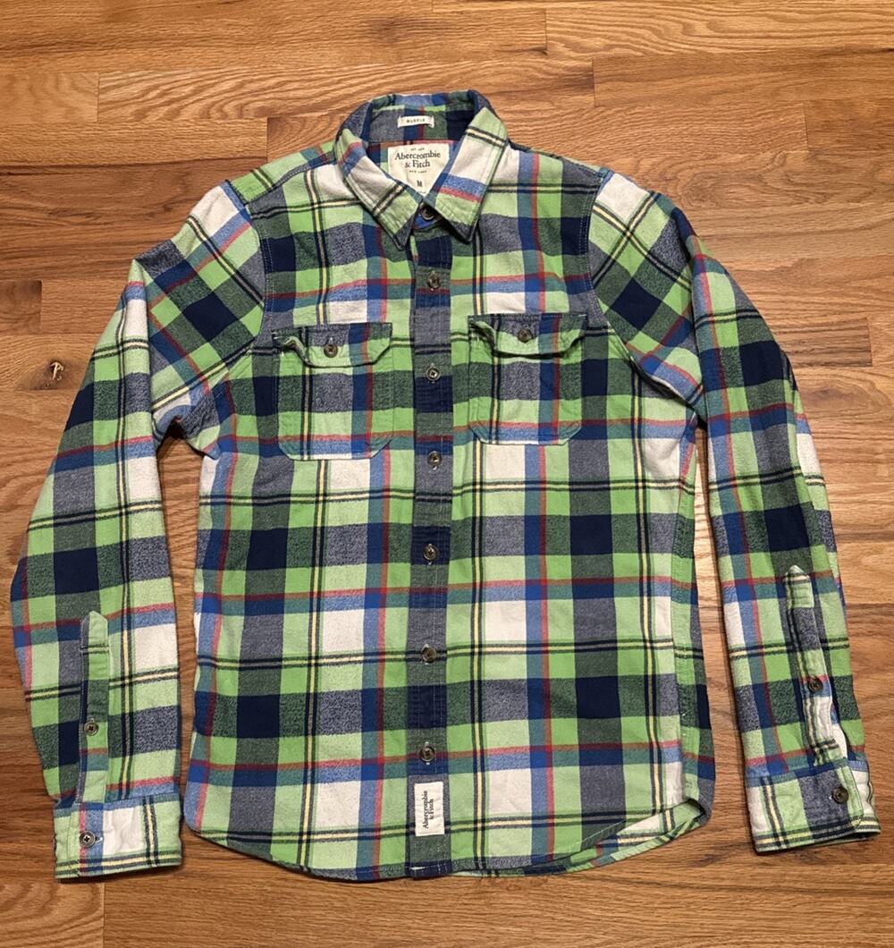 Abercrombie & Fitch Mens MED Flannel Shirt Green Plaid Muscle Fit Button Up